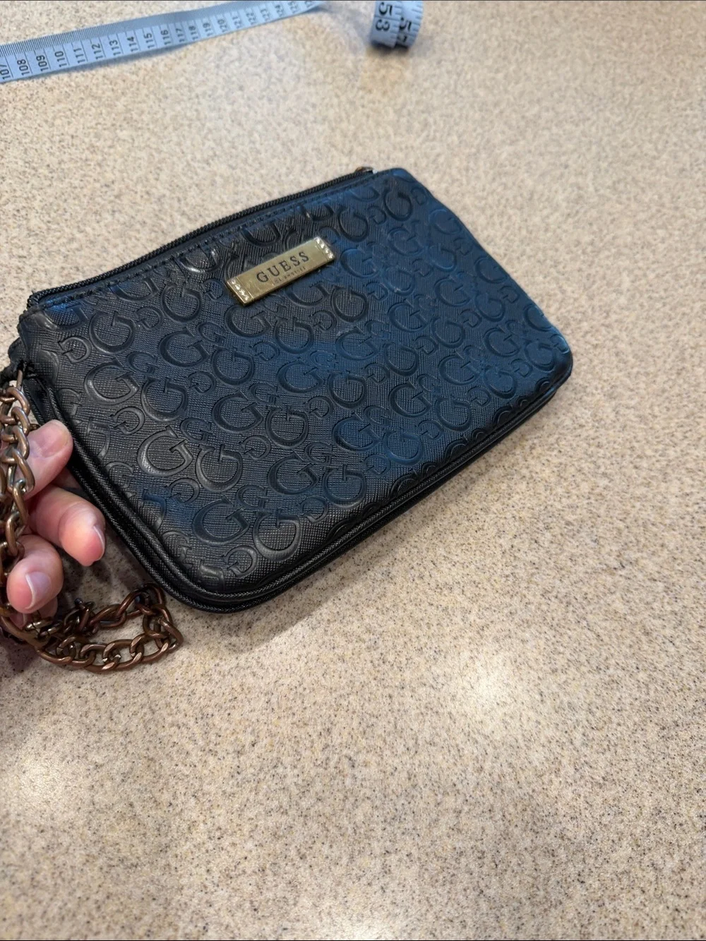 Guess Black Embossed Signature Wristlet with Chain and Heart Charm